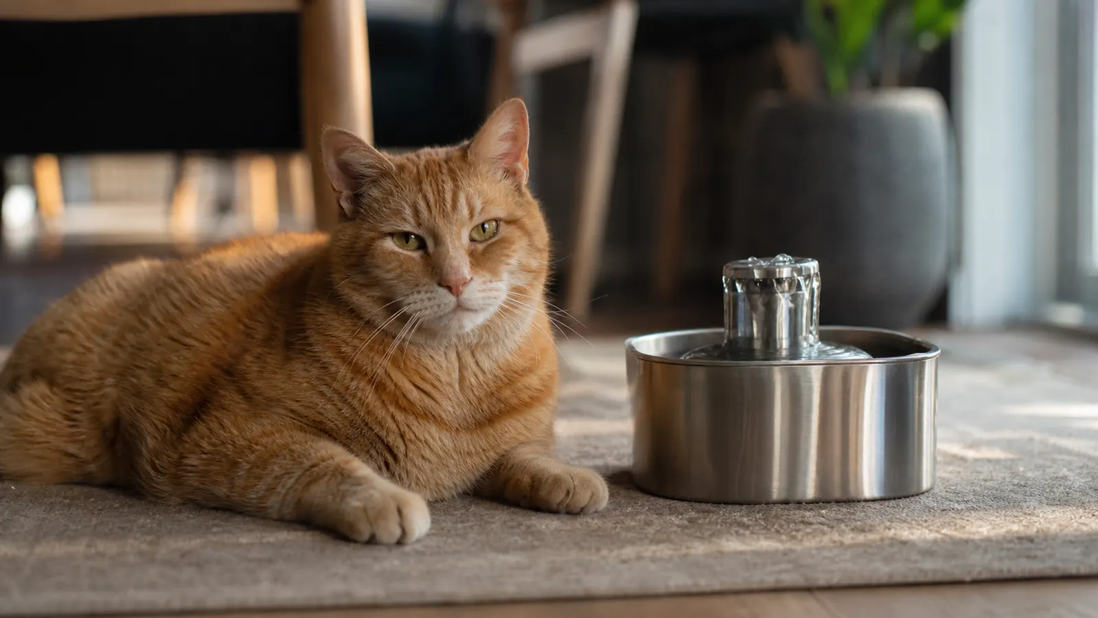 Senior cat resting near a stainless steel water fountain in a sunny living room