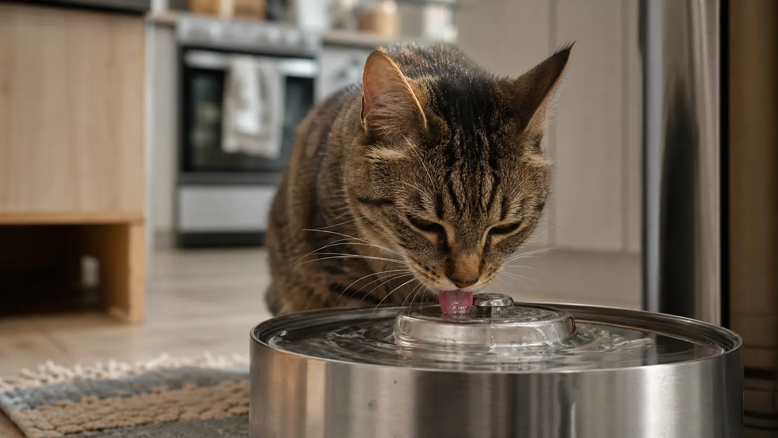 Tabby cat drinking from a stainless steel pet water fountain on a kitchen counter