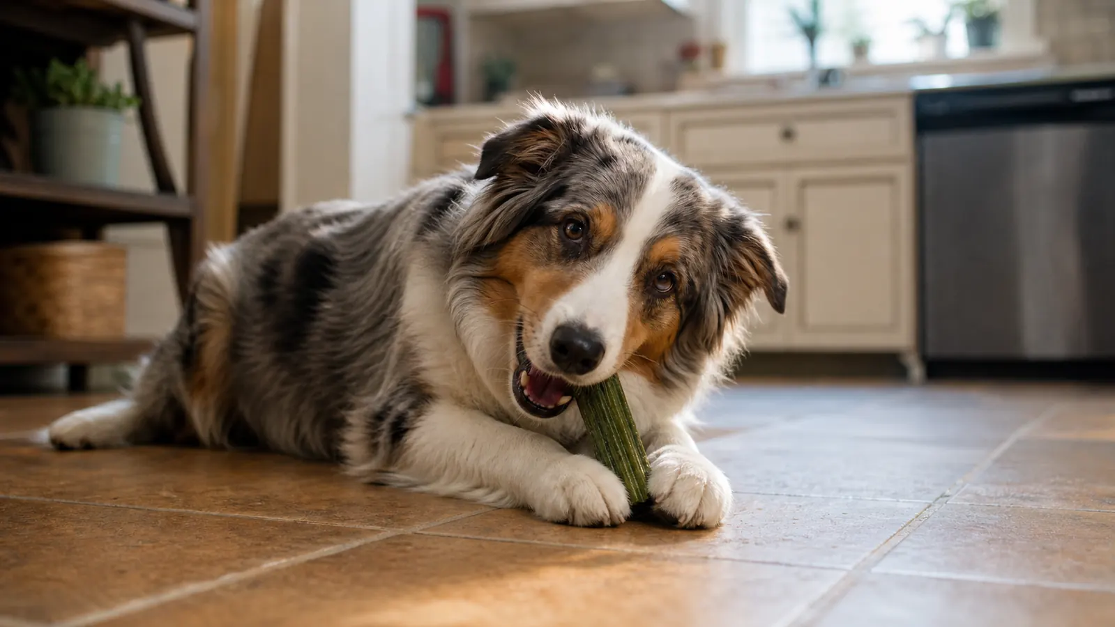 Happy dog chewing a green dental treat on a kitchen floor
