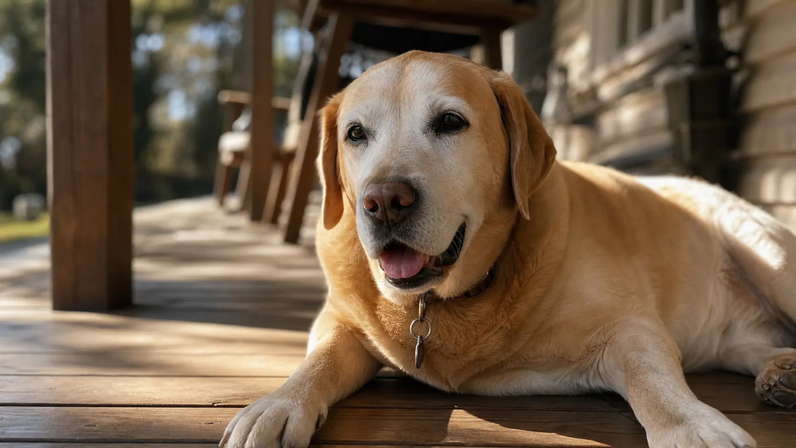 A gray-muzzled Labrador Retriever resting on a porch in warm morning light, looking calm and comfortable