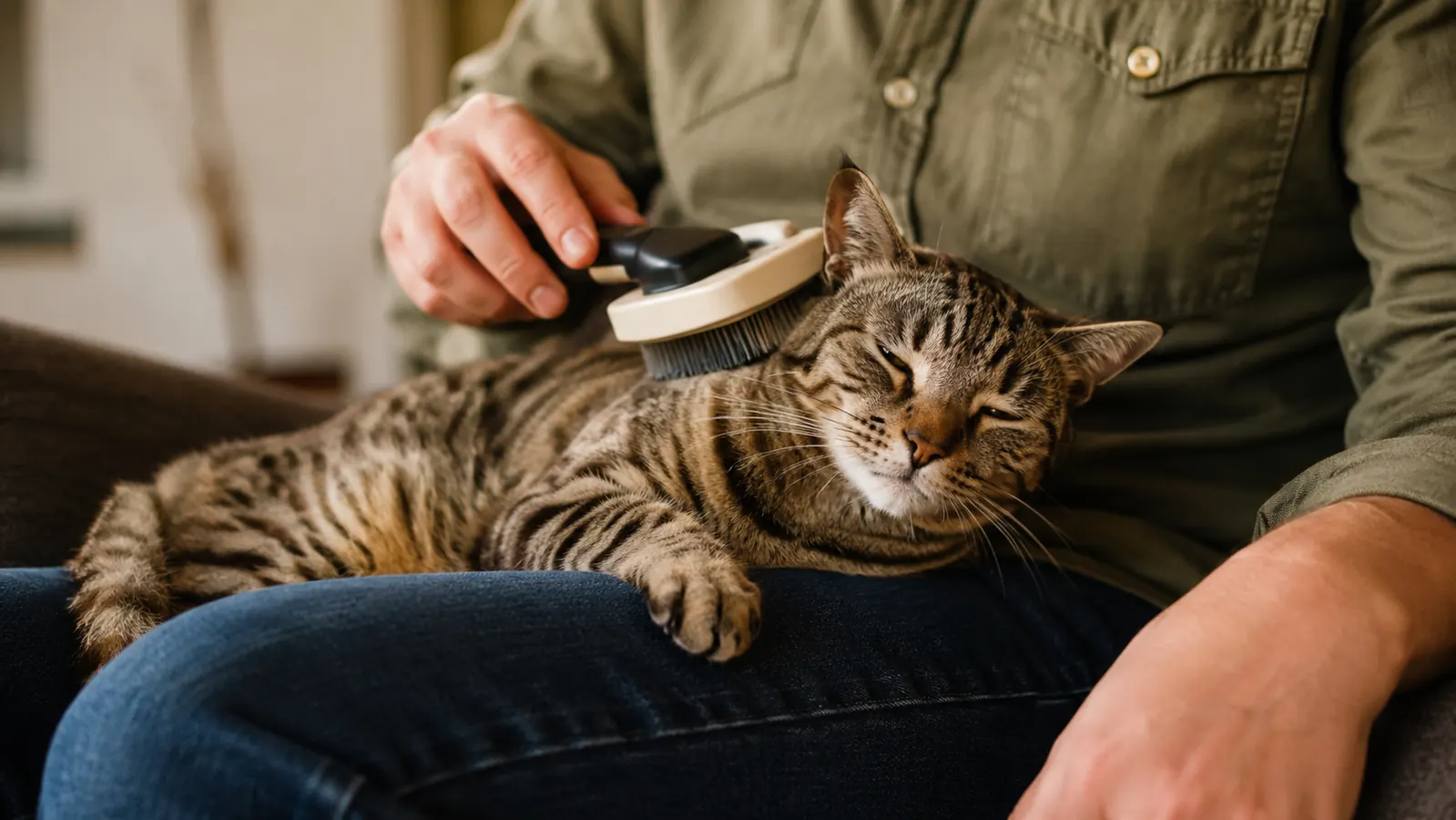 Cat relaxing on a lap while being gently groomed with the softer side of a double-sided pet brush