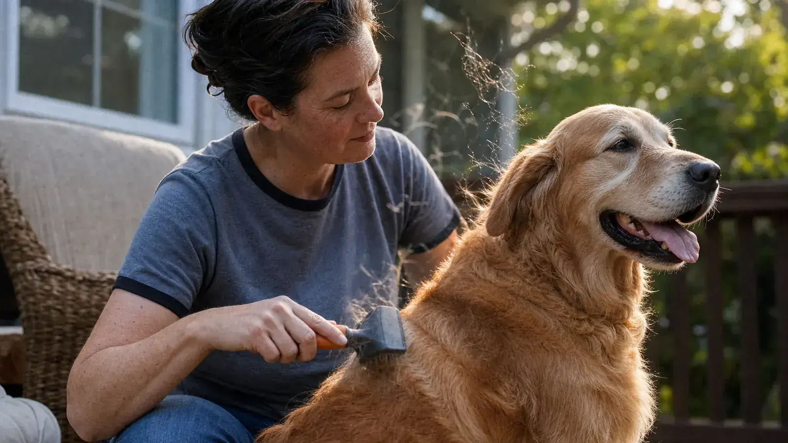 Golden retriever sitting calmly outdoors while owner uses a deshedding brush on its back, loose fur floating in the sunlight