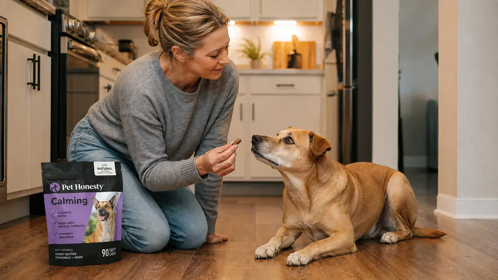Dog owner offering a soft calming chew treat to a nervous-looking dog