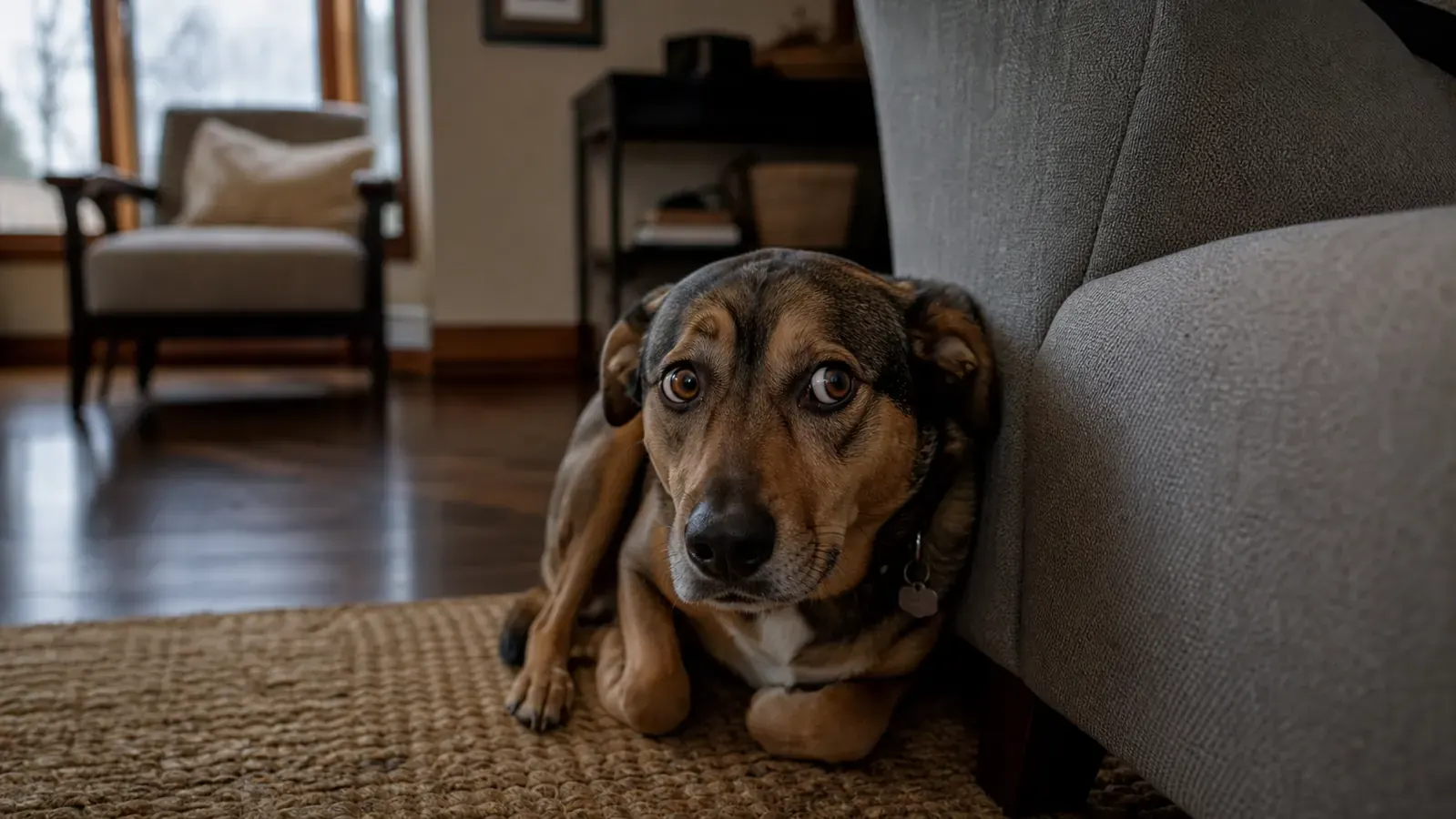 Anxious dog pressed against a couch cushion, looking up with wide eyes during a storm