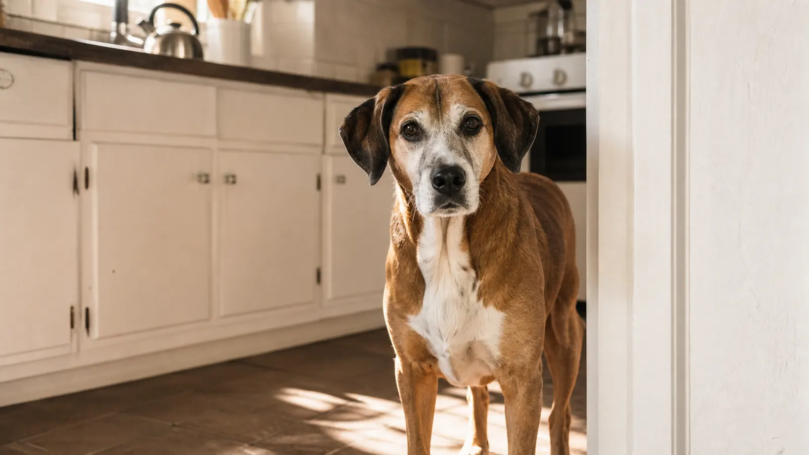 Medium-sized brown mixed breed dog standing in a kitchen doorway in natural morning light, looking alert and comfortable