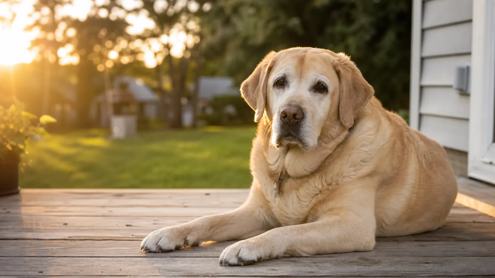 Senior yellow Lab resting on a porch in soft morning light, looking calm and comfortable