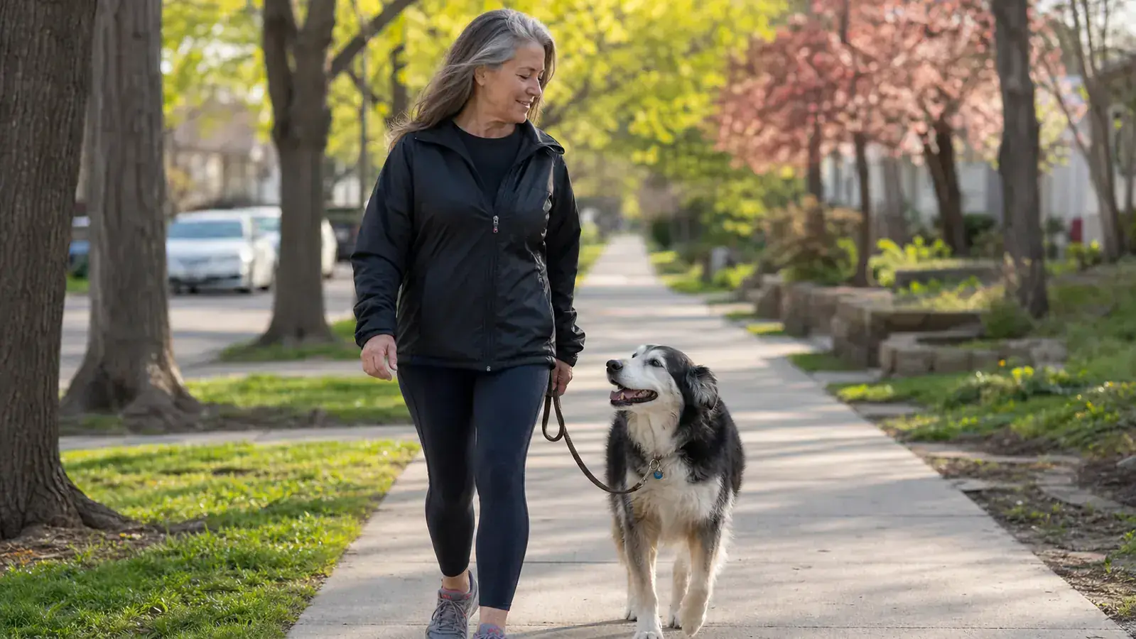 Senior dog and owner walking slowly together on a quiet neighborhood sidewalk in morning light