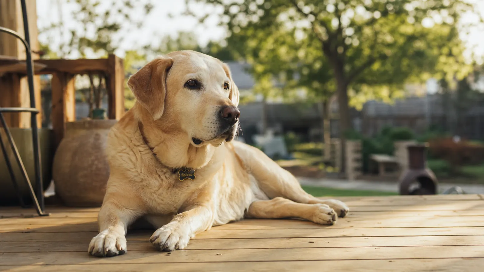 Senior yellow Lab mix resting on a porch in soft morning light, looking calm and comfortable