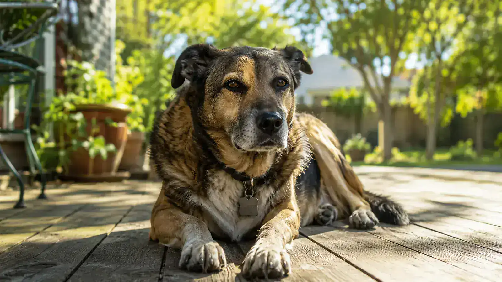 Senior shepherd mix dog lying in soft morning light on a wood-plank porch, looking calm and comfortable