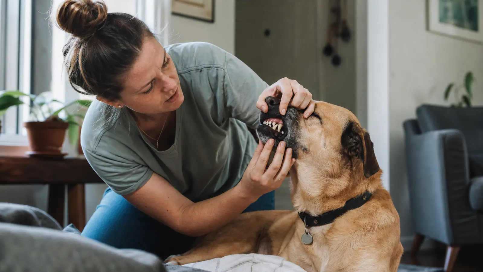 Dog owner checking their dog's teeth gently by lifting the lip