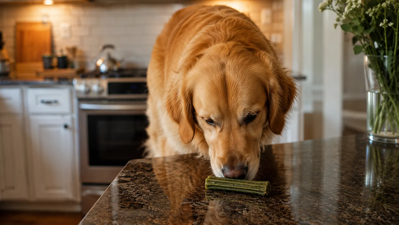 A curious Golden Retriever sniffing a Greenies dental chew on a kitchen counter
