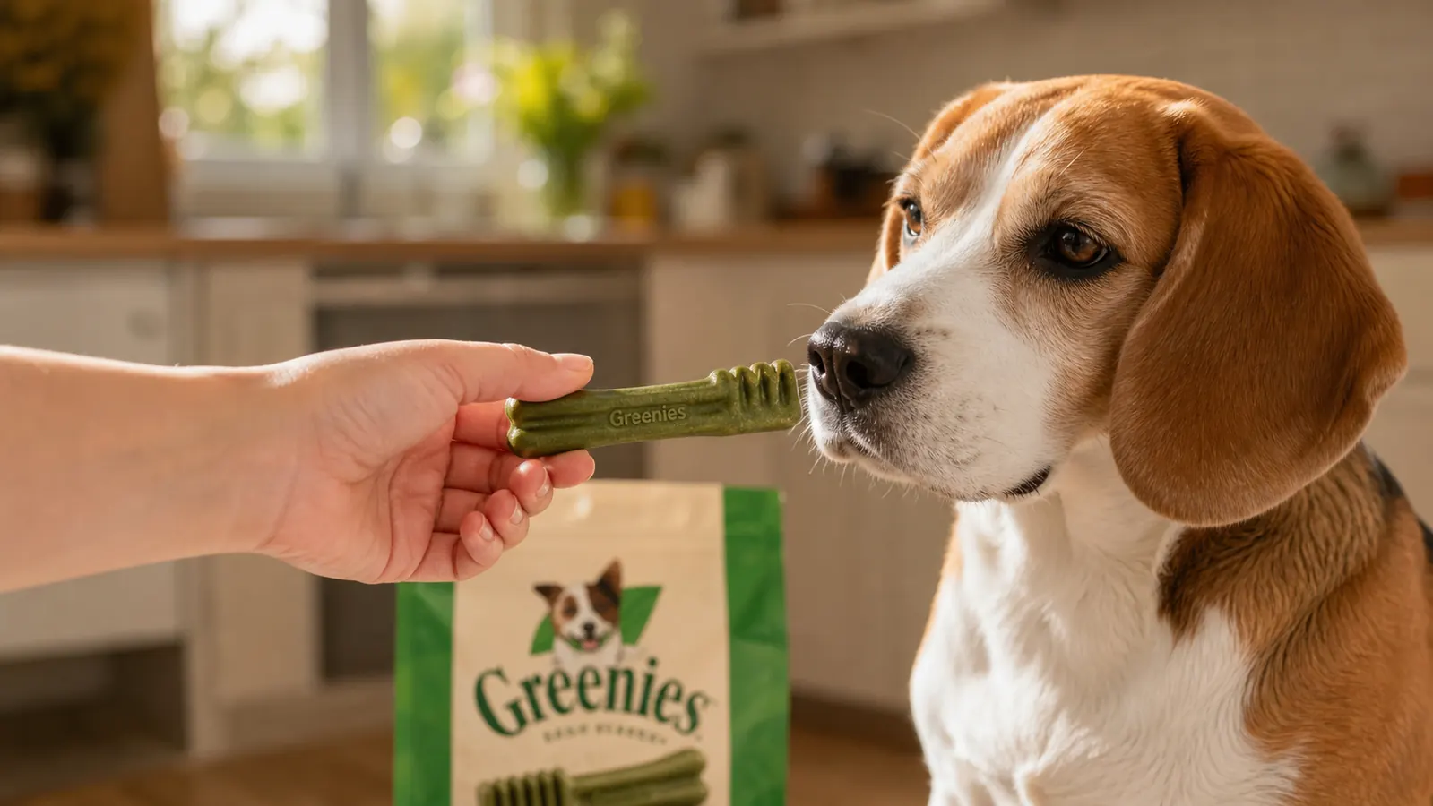 Hand holding a Greenies dental chew treat near a dog's mouth