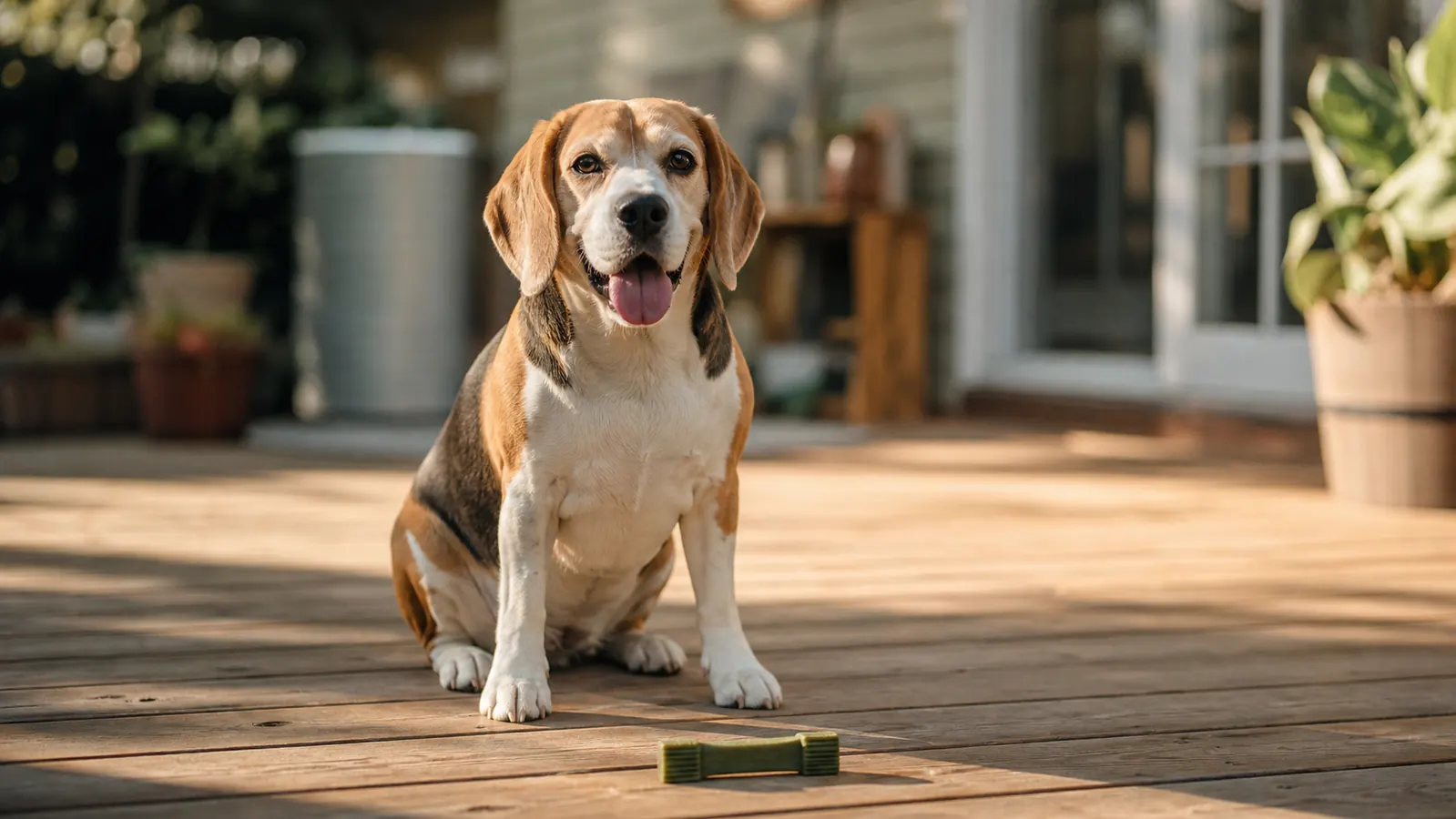 A Beagle sitting on a back porch in morning light with a Greenies dental chew in front of him
