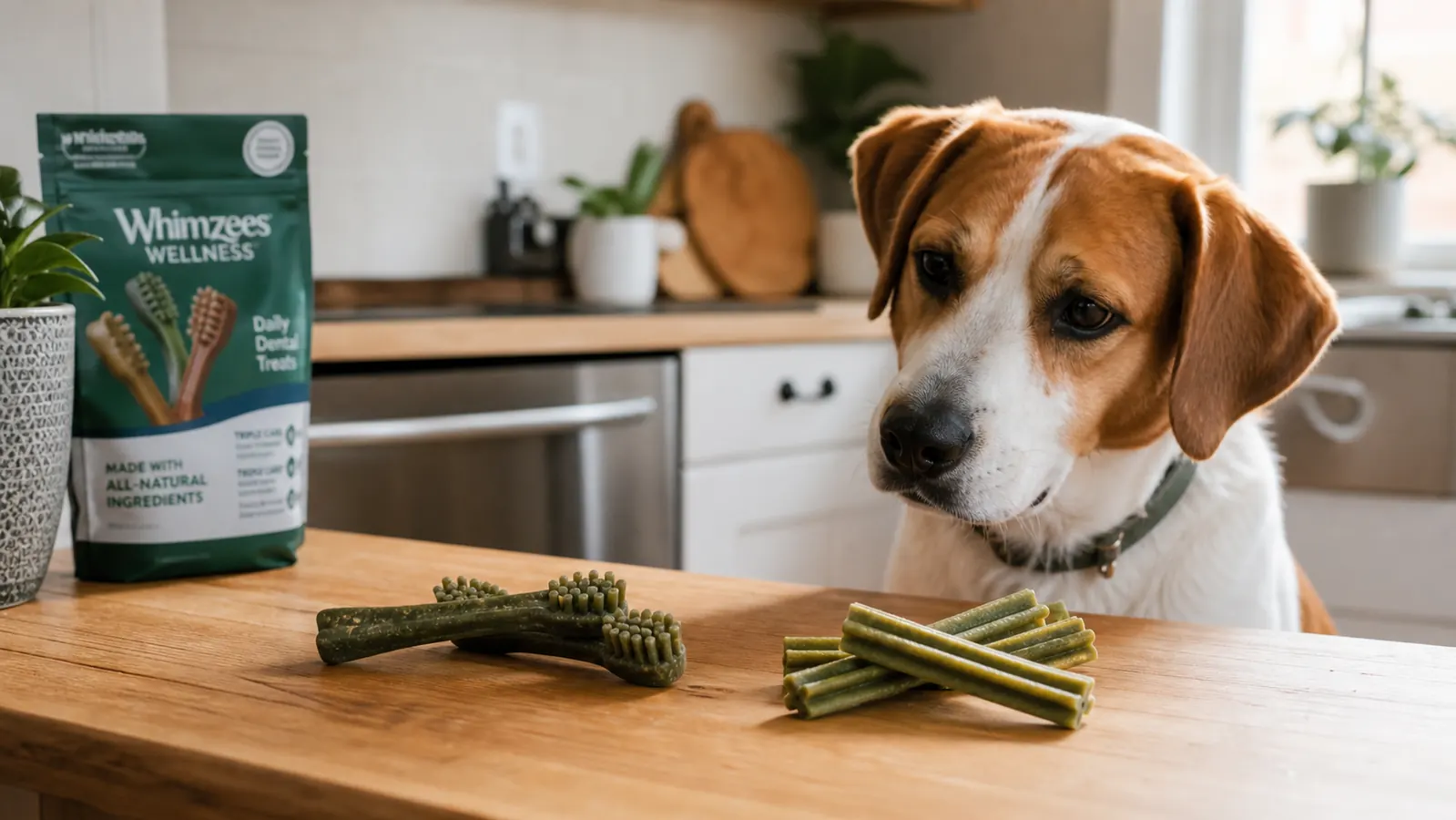 Two dog dental chews side by side on a kitchen counter with a dog looking on