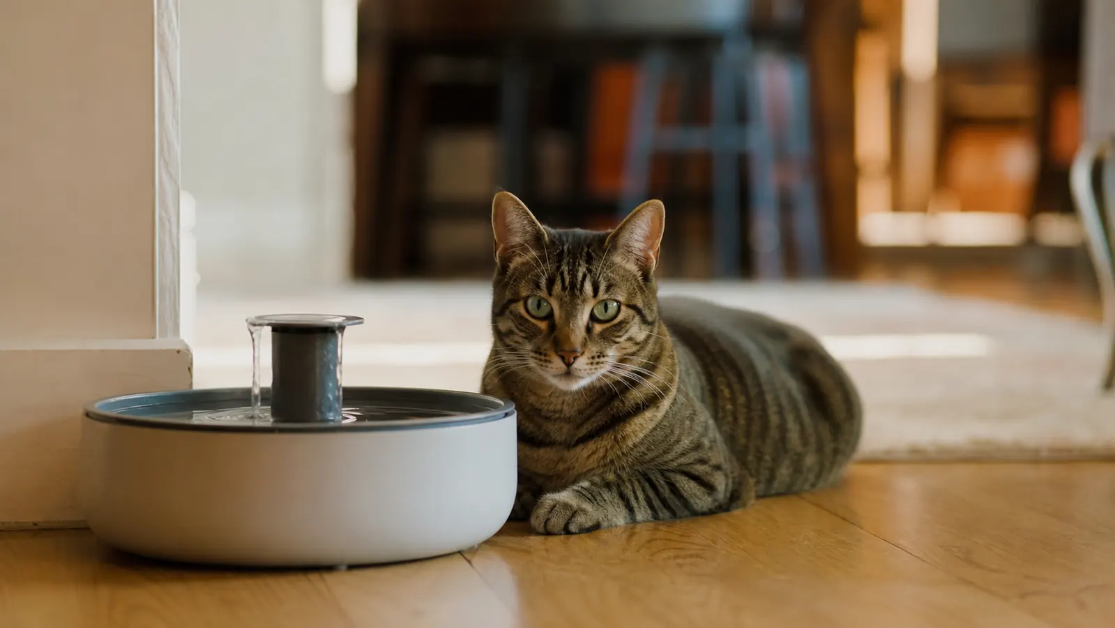 A cat sitting contentedly near a pet fountain, looking relaxed in a home setting
