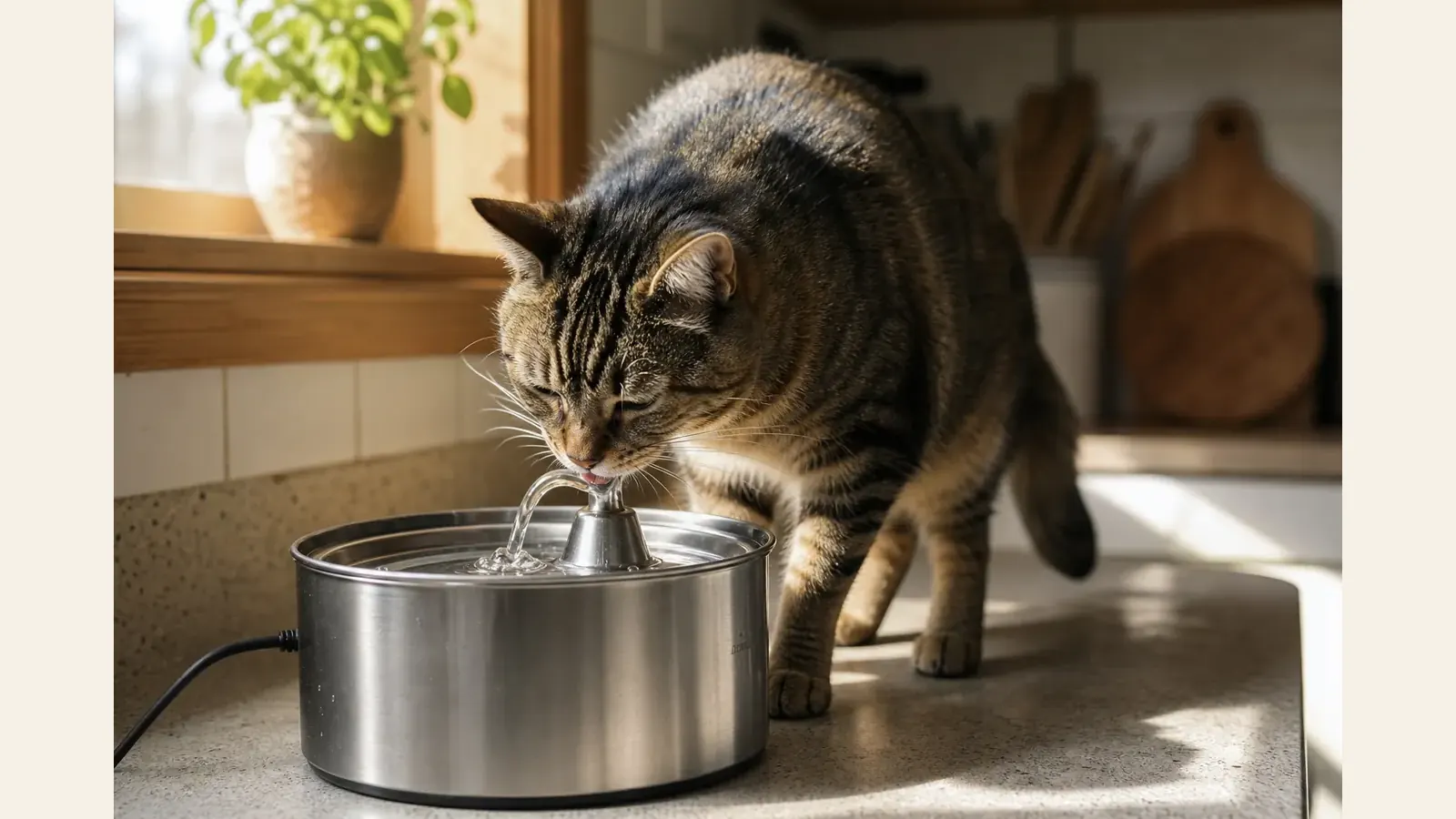 A tabby cat drinking from a stainless steel pet water fountain on a kitchen counter, soft morning light