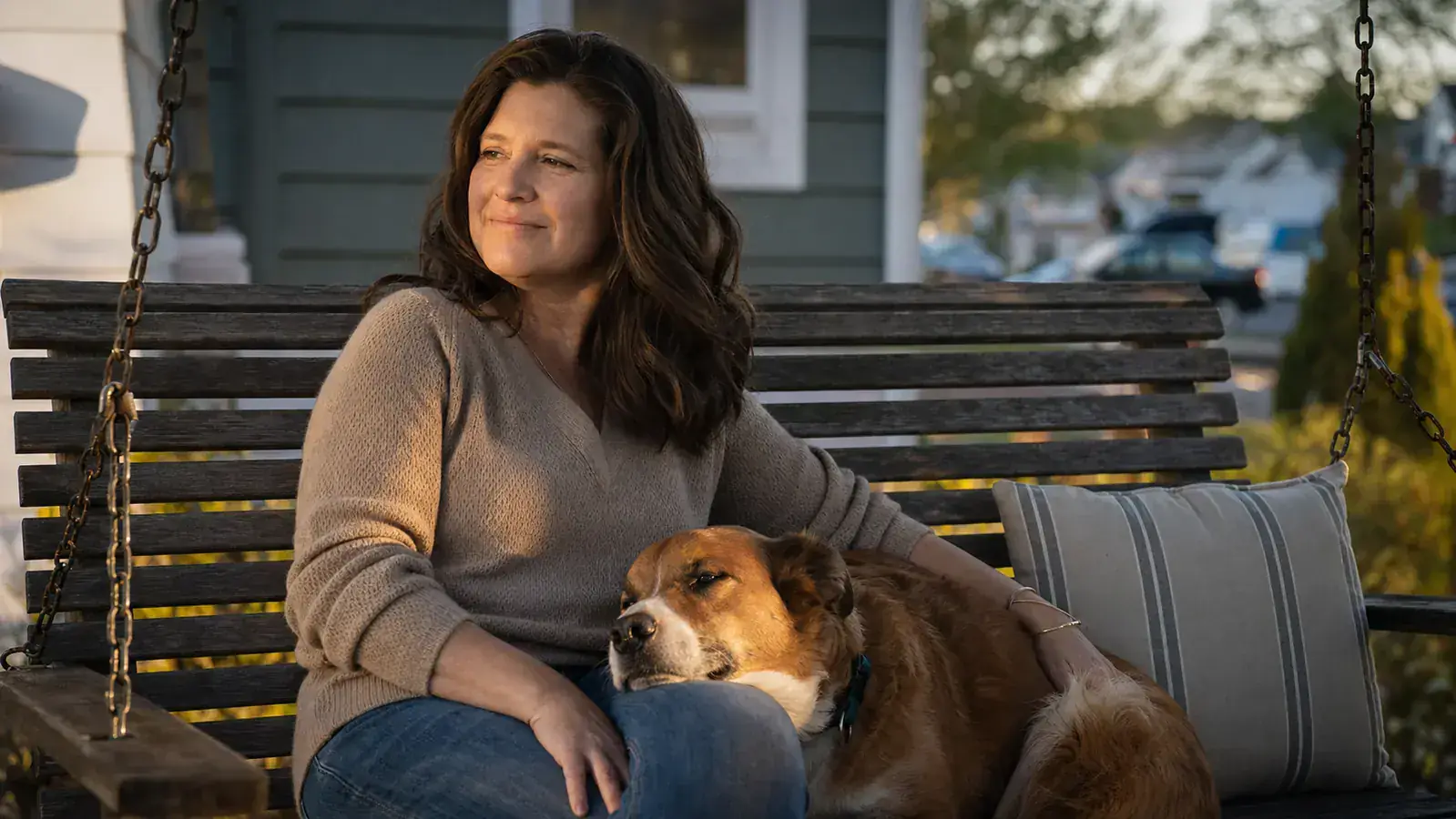 A woman and her calm dog sitting together on a porch swing, both relaxed, golden hour light