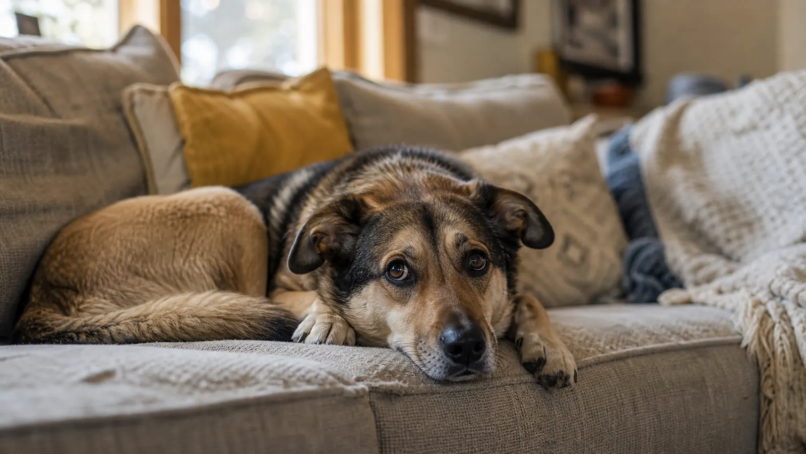 A medium-sized mixed breed dog lying on a couch with its head on a throw pillow, looking calm and relaxed in warm afternoon light