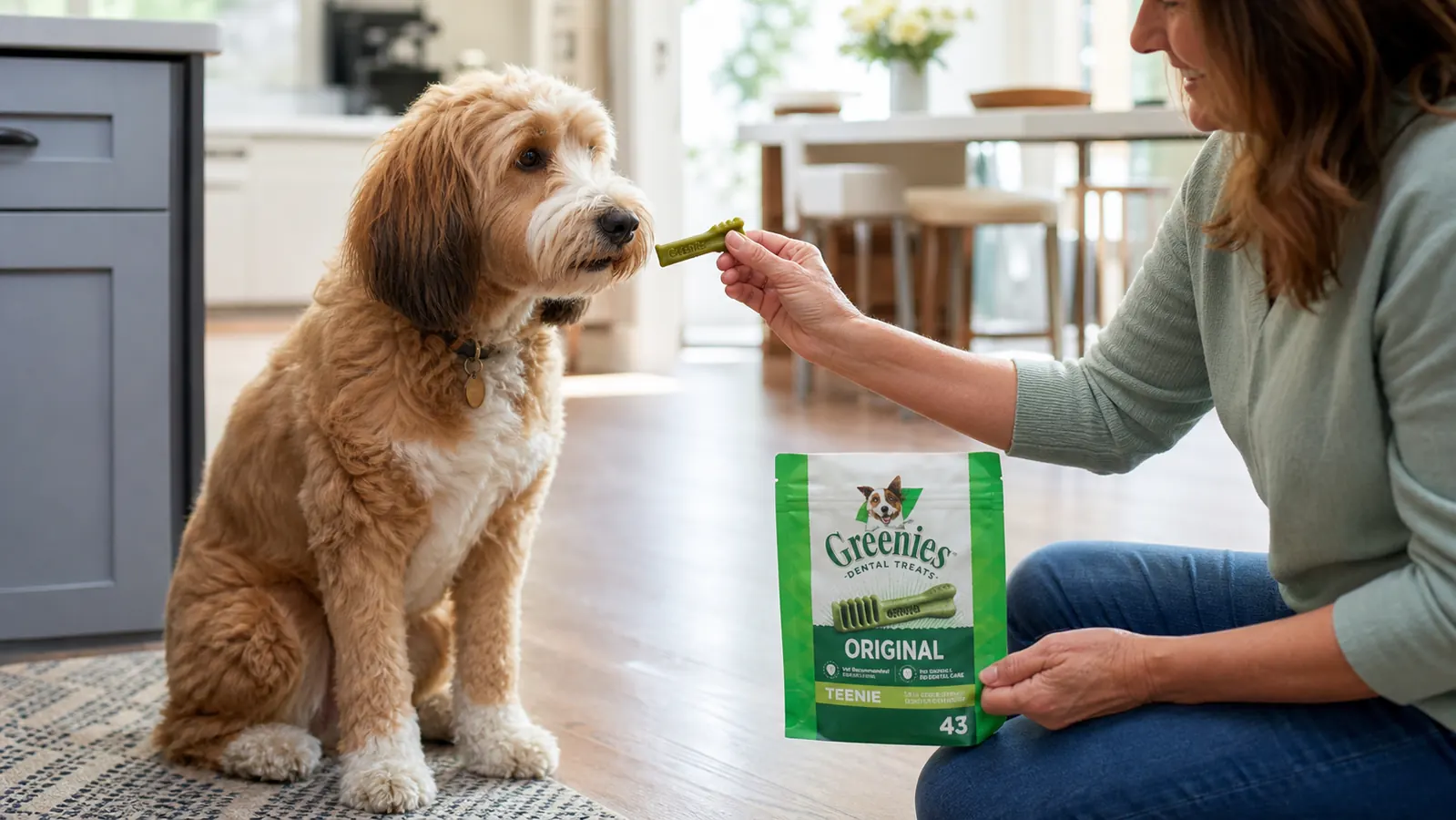 Hand offering a Greenies dental chew to a medium-sized dog that is sitting and eagerly reaching forward