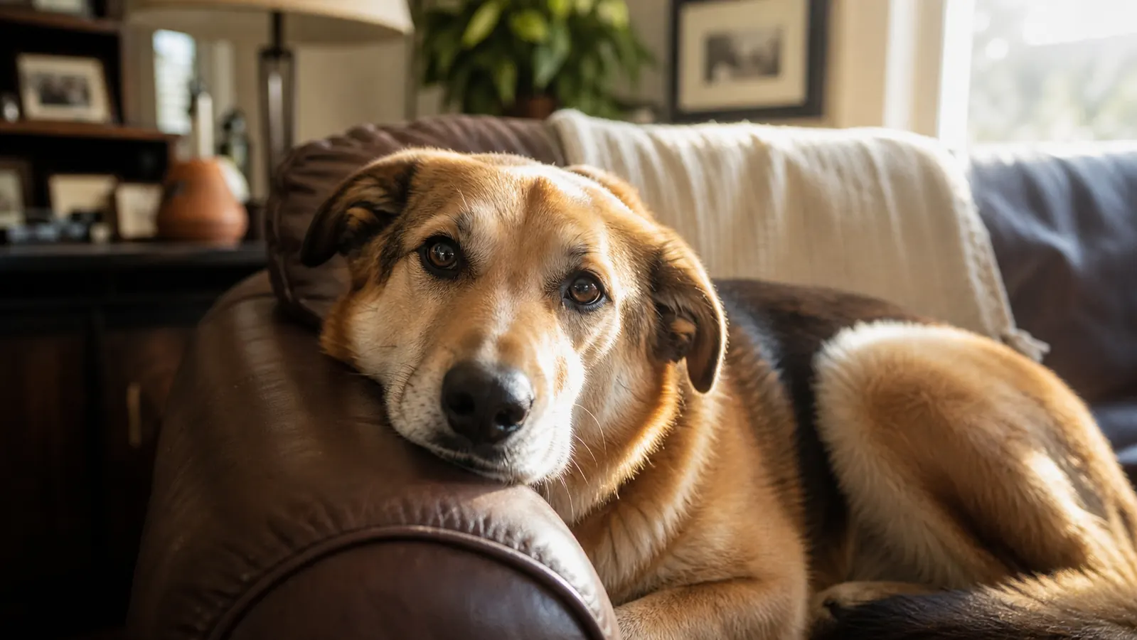 Large mixed-breed dog resting its chin on a couch cushion, looking up with soft brown eyes, warm afternoon light