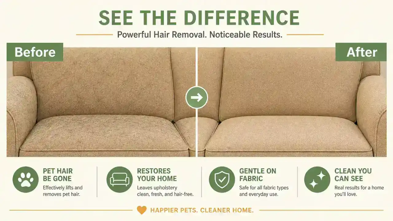 Before and after side-by-side showing a couch cushion covered in pet hair versus a clean couch cushion