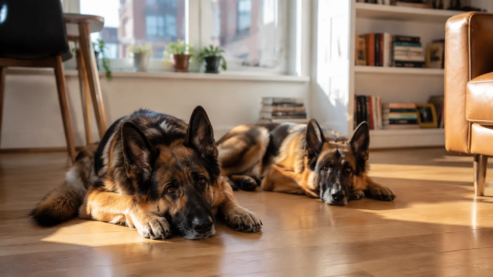 Two German Shepherds sitting on a clean hardwood floor in a bright apartment living room