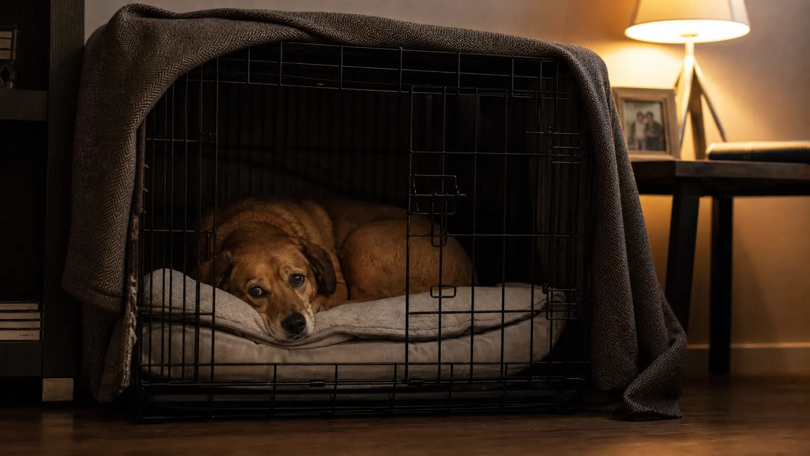A dog resting calmly inside a covered crate with a blanket over it and a small nightlight nearby