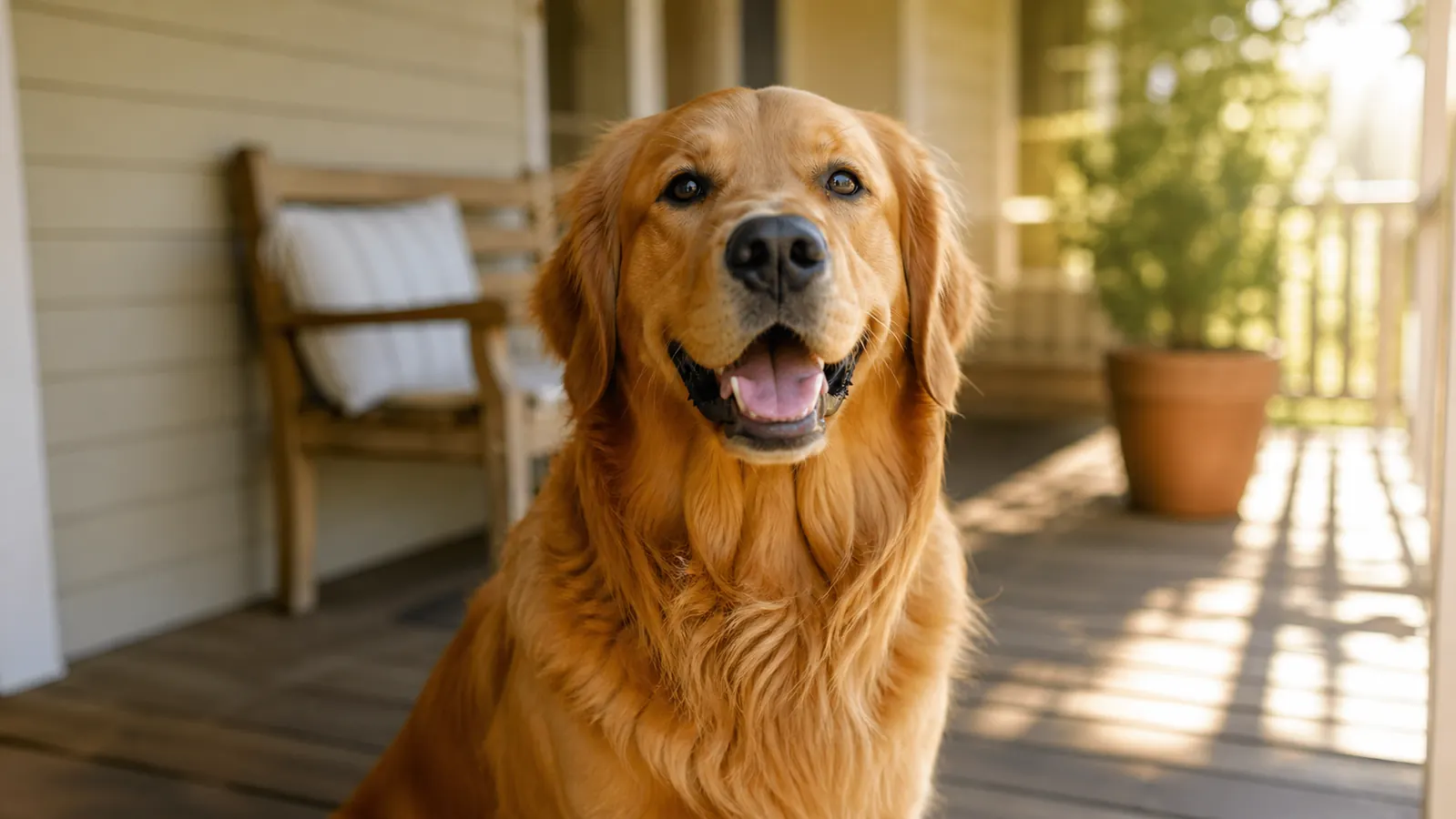 Golden retriever showing teeth in a relaxed open-mouth smile outdoors on a sunny porch