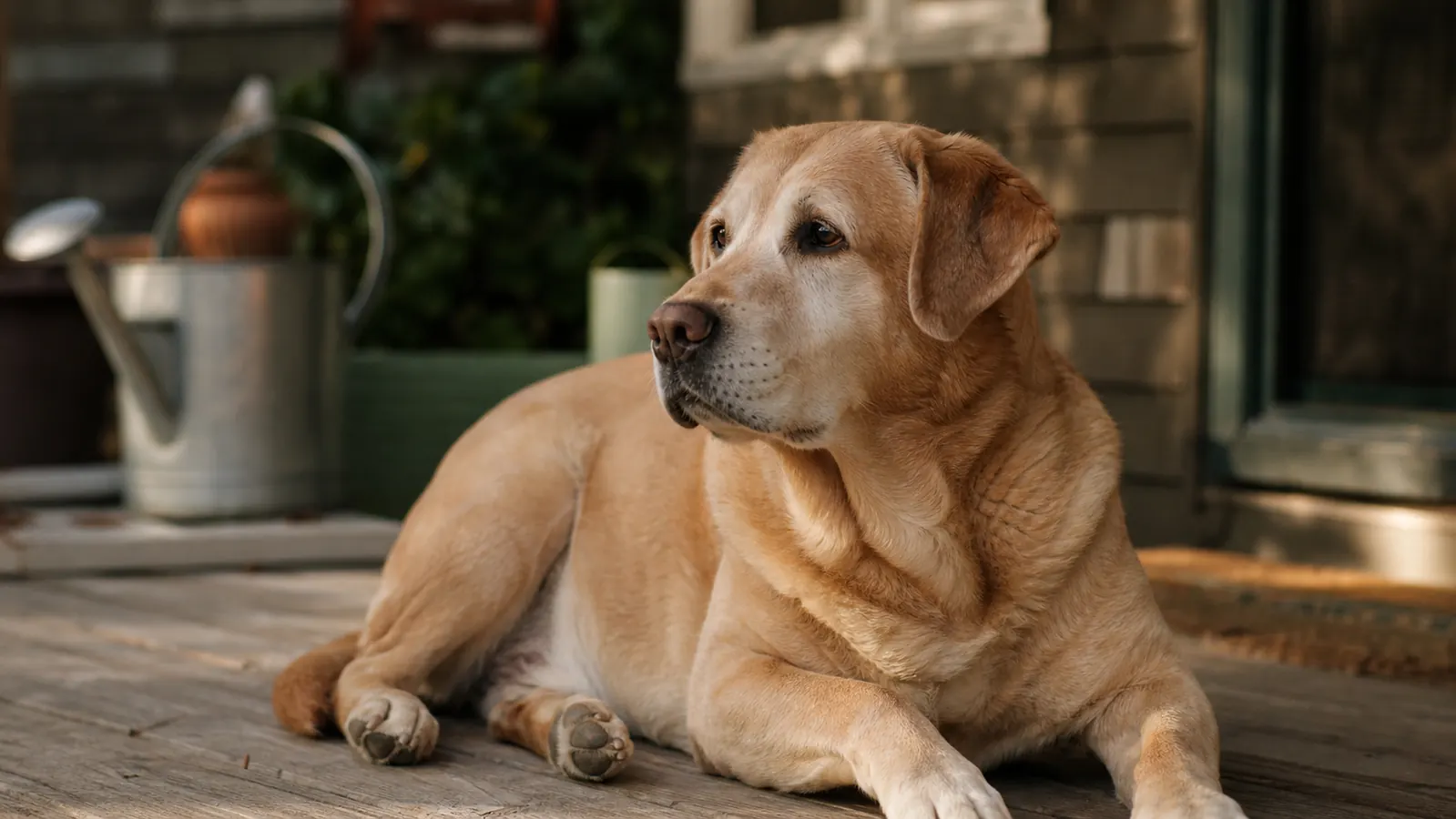Senior Labrador Retriever lying on a porch in morning sunlight, looking peaceful but slightly stiff