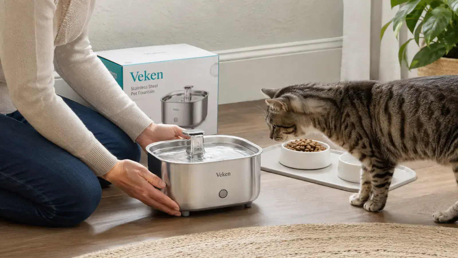 Hands placing a stainless steel Veken pet fountain on a kitchen floor next to a cat food mat