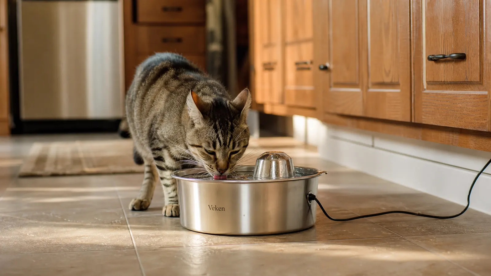 A tabby cat crouched beside a stainless steel pet water fountain on a kitchen floor, drinking from the flowing stream