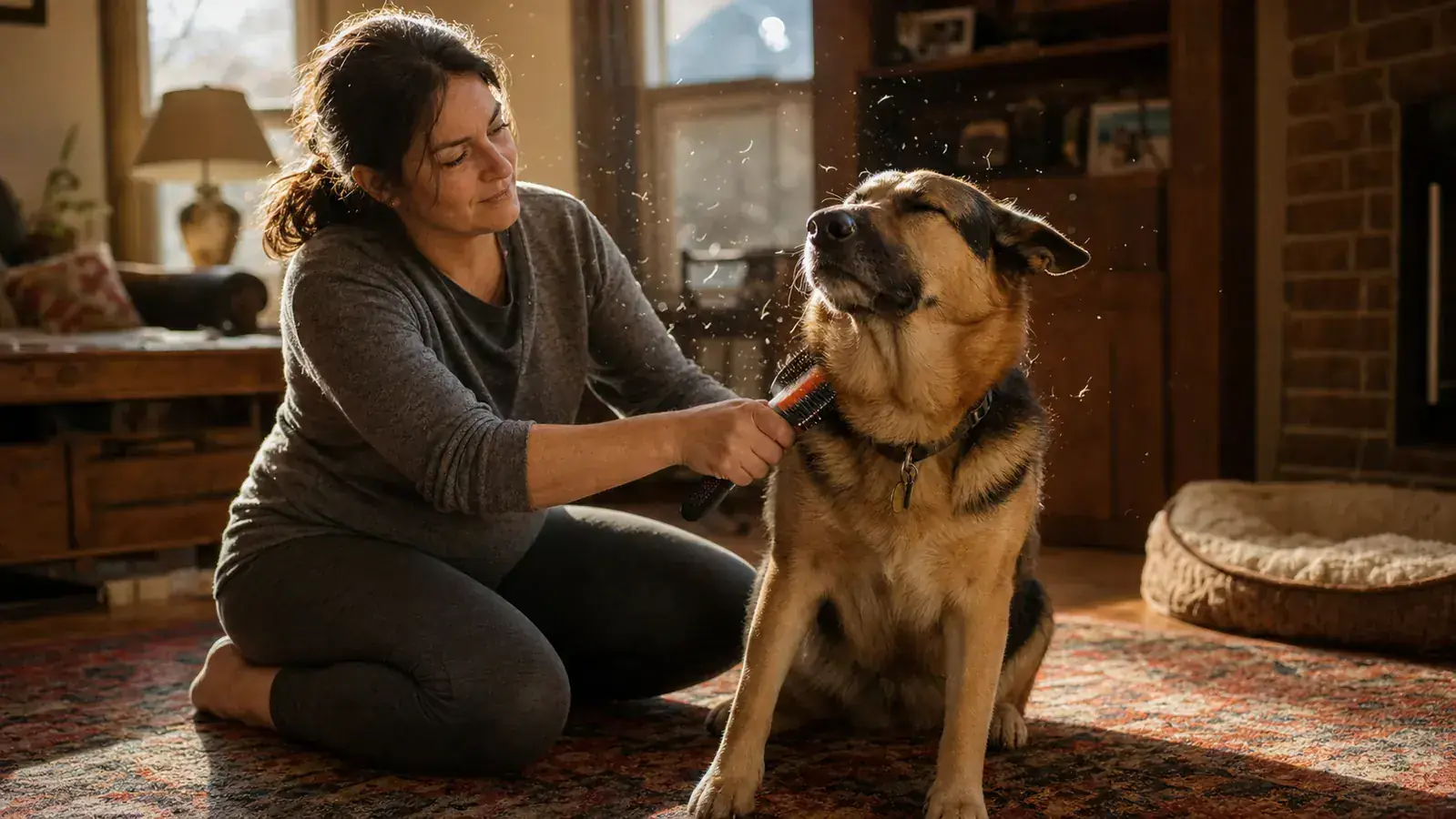 Woman sitting cross-legged on a living room floor brushing a large German Shepherd mix with a dual-sided grooming brush, dog relaxed and leaning in