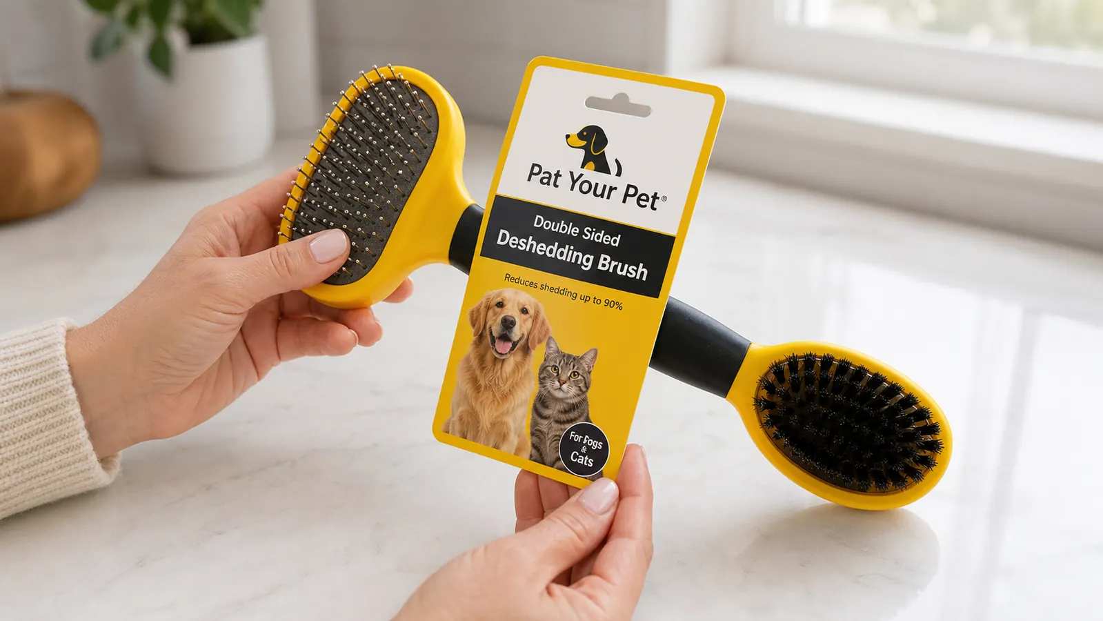 Close-up of the Pat Your Pet dual-sided deshedding brush held in a hand, showing both the pin side and bristle side