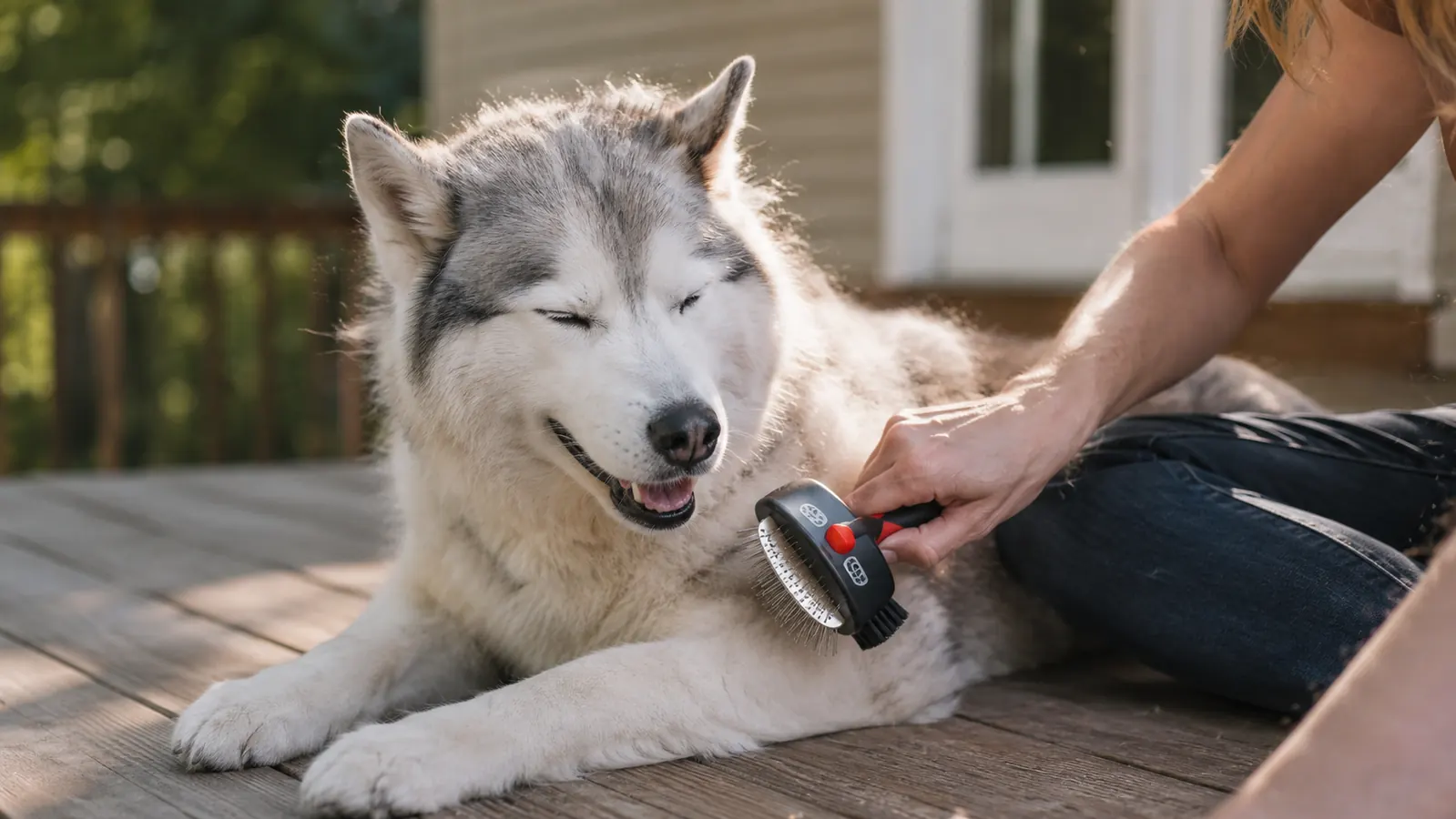 Husky sitting calmly on a back porch being brushed with a deshedding tool, soft afternoon sunlight, fur visibly lifted off coat