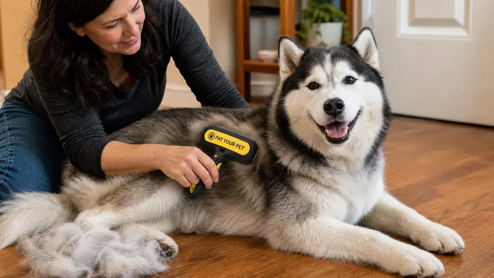 Person brushing a double-coated husky with the Pat Your Pet brush, large clump of undercoat fur on the floor