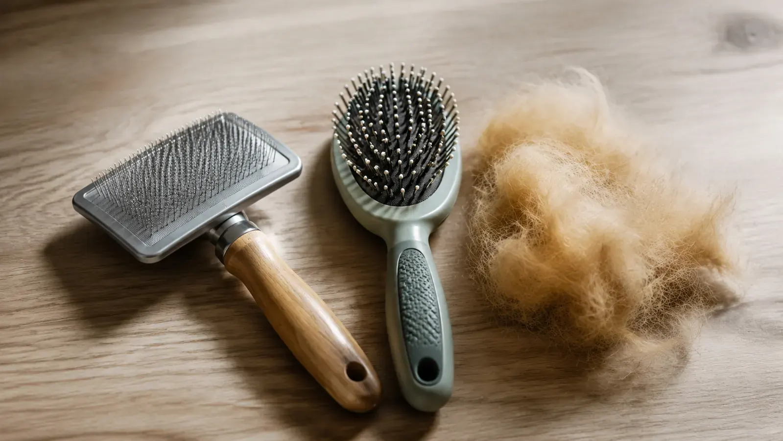 Two deshedding brushes side by side on a wooden surface with golden retriever fur in the background