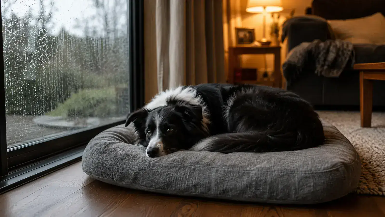 Border Collie lying on a dog bed indoors during a rainstorm visible through a sliding glass door, looking relaxed rather than panicked