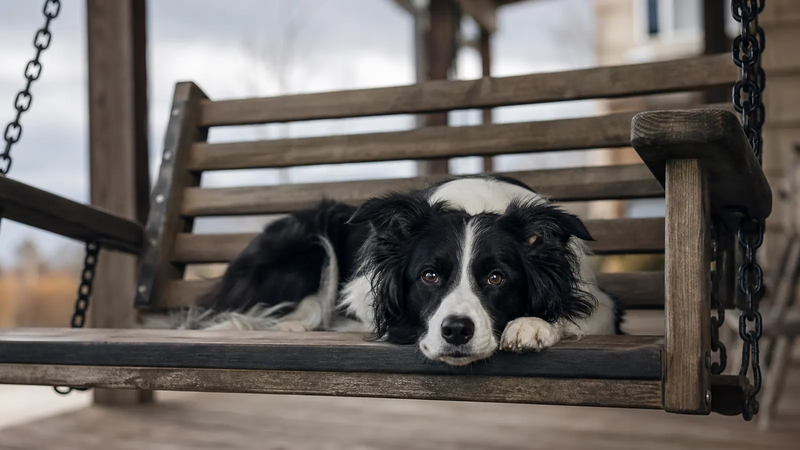 A black-and-white Border Collie resting calmly on a porch swing on a cloudy afternoon, a soft breeze in the trees