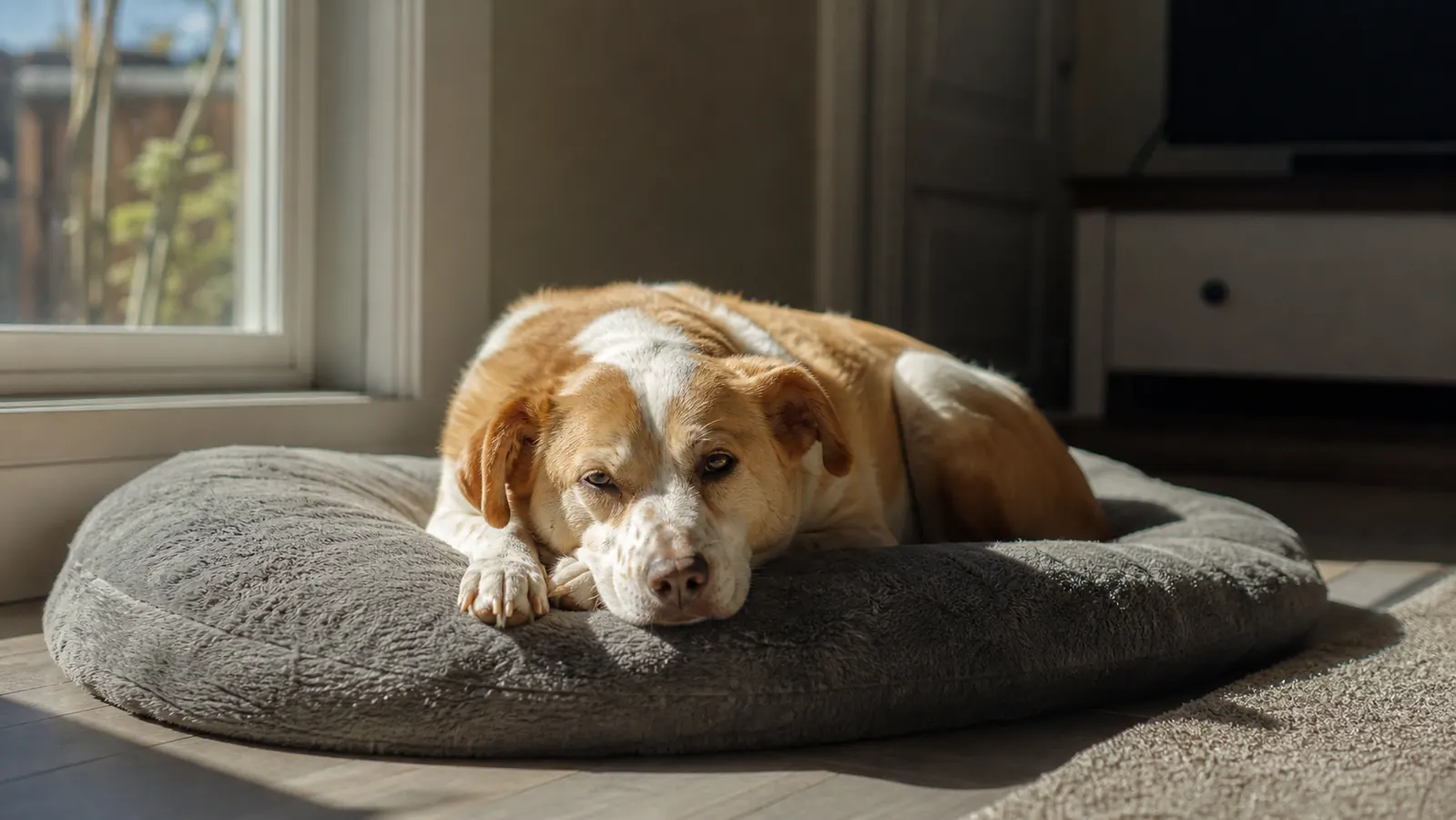 A mixed-breed dog lying relaxed on a dog bed near a window, head resting on its paws, calm expression, afternoon light coming through the glass