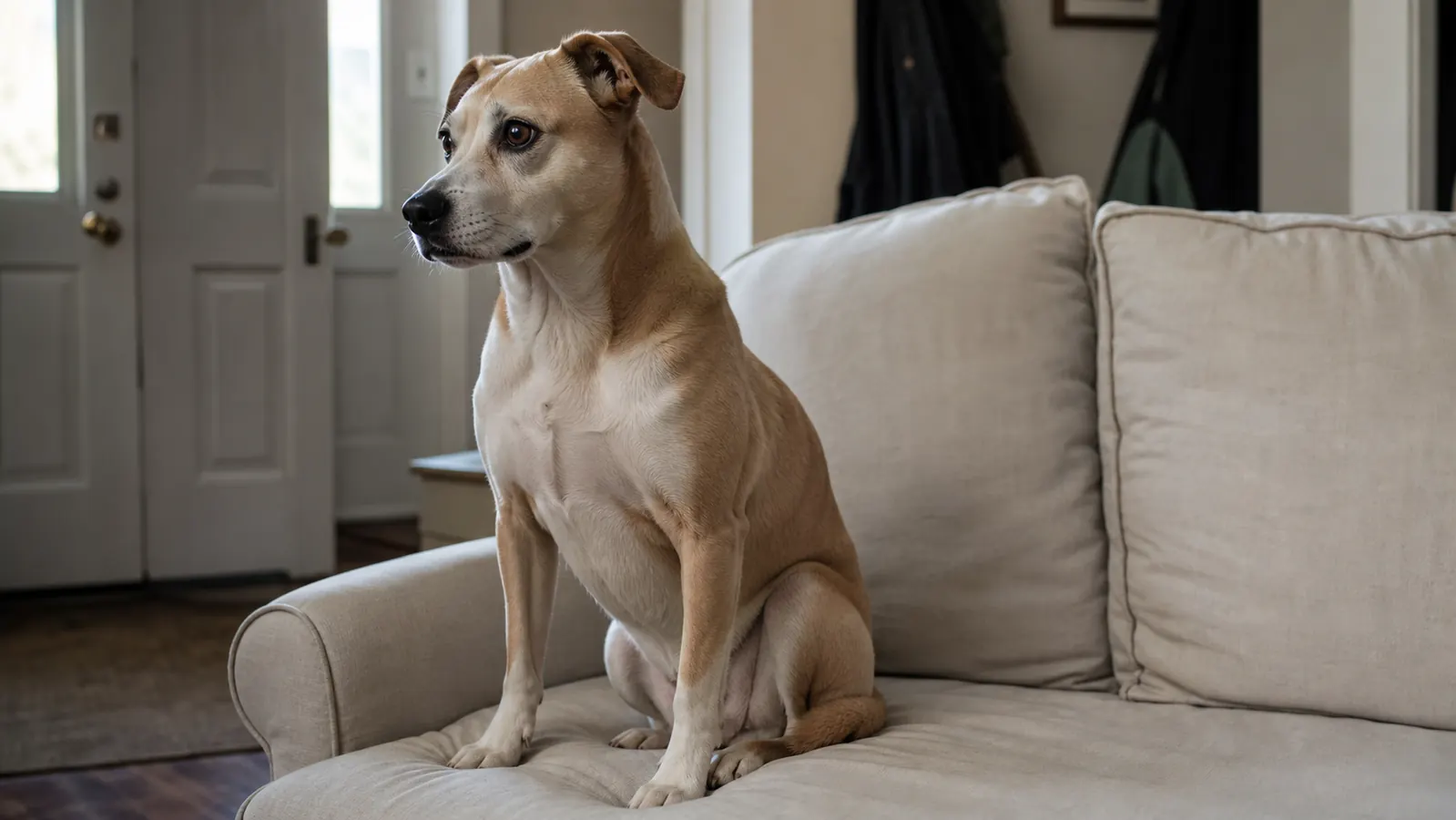 A tan and white mixed-breed dog sitting alone on a living room couch cushion, looking toward the front door, slightly tense posture