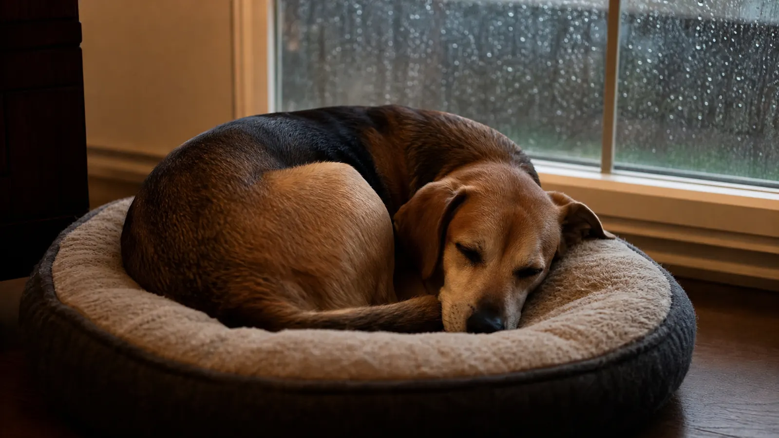 Dog sleeping calmly on a dog bed during what appears to be a stormy day