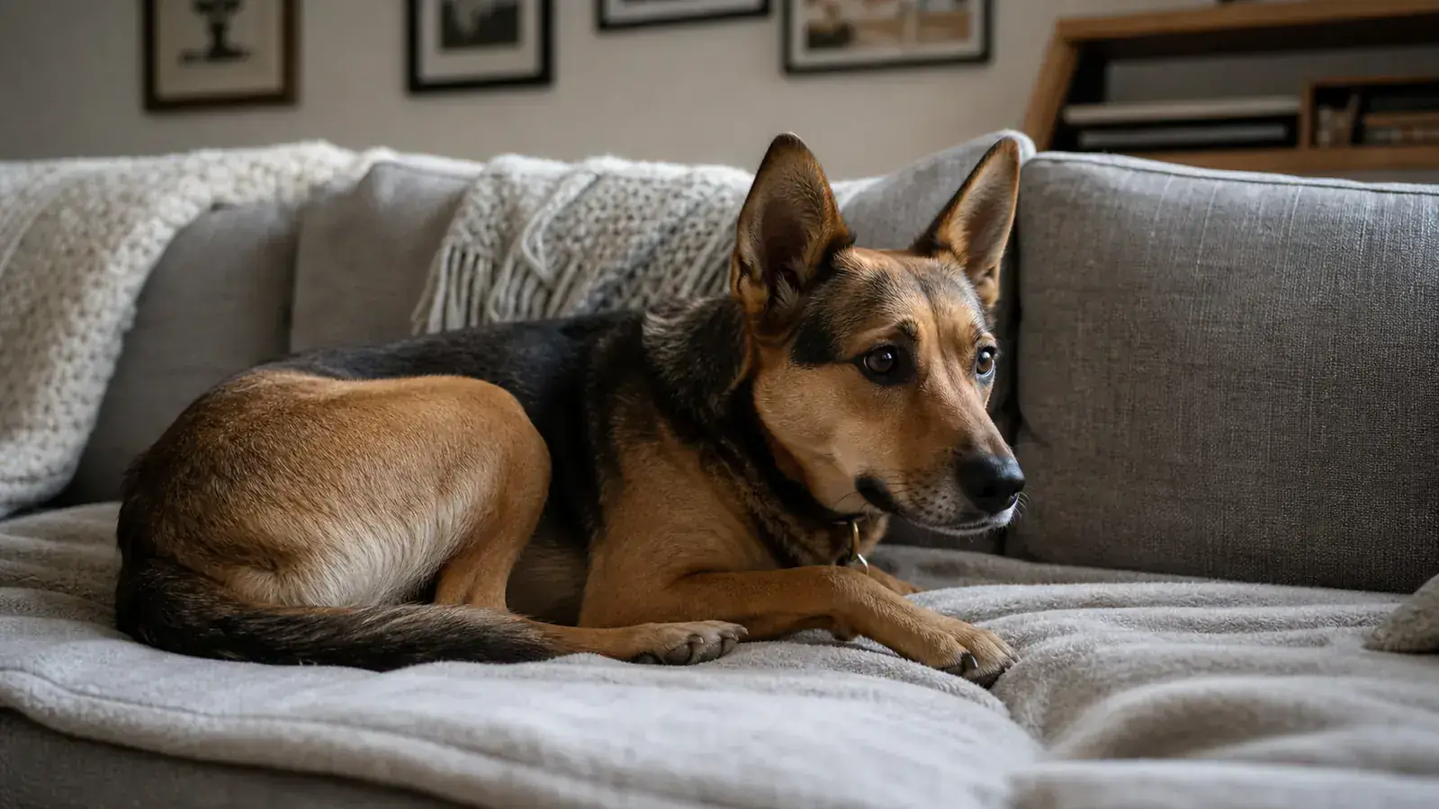 Anxious Border Collie resting on a couch next to a bag of calming chews
