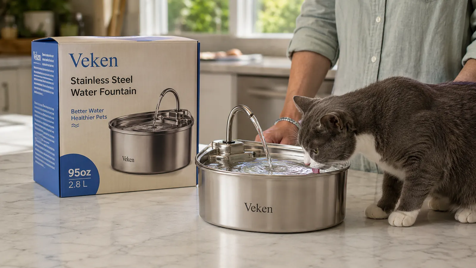 Veken stainless steel pet water fountain showing the cascading water stream and stainless bowl