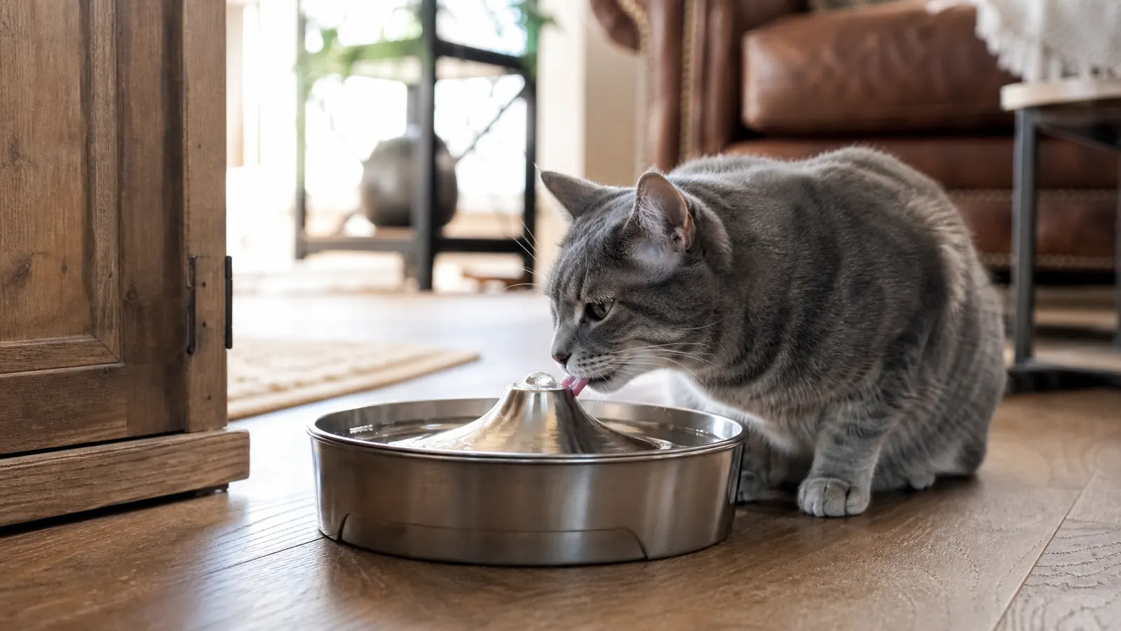 Cat drinking comfortably from a running pet water fountain at floor level