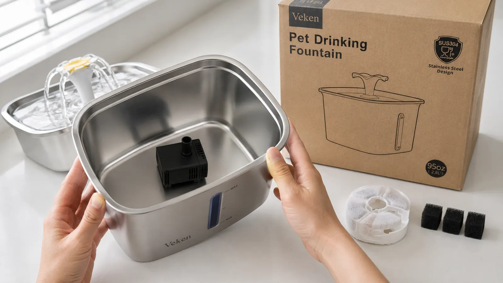 Hand holding the Veken fountain's stainless basin showing interior surface and pump housing