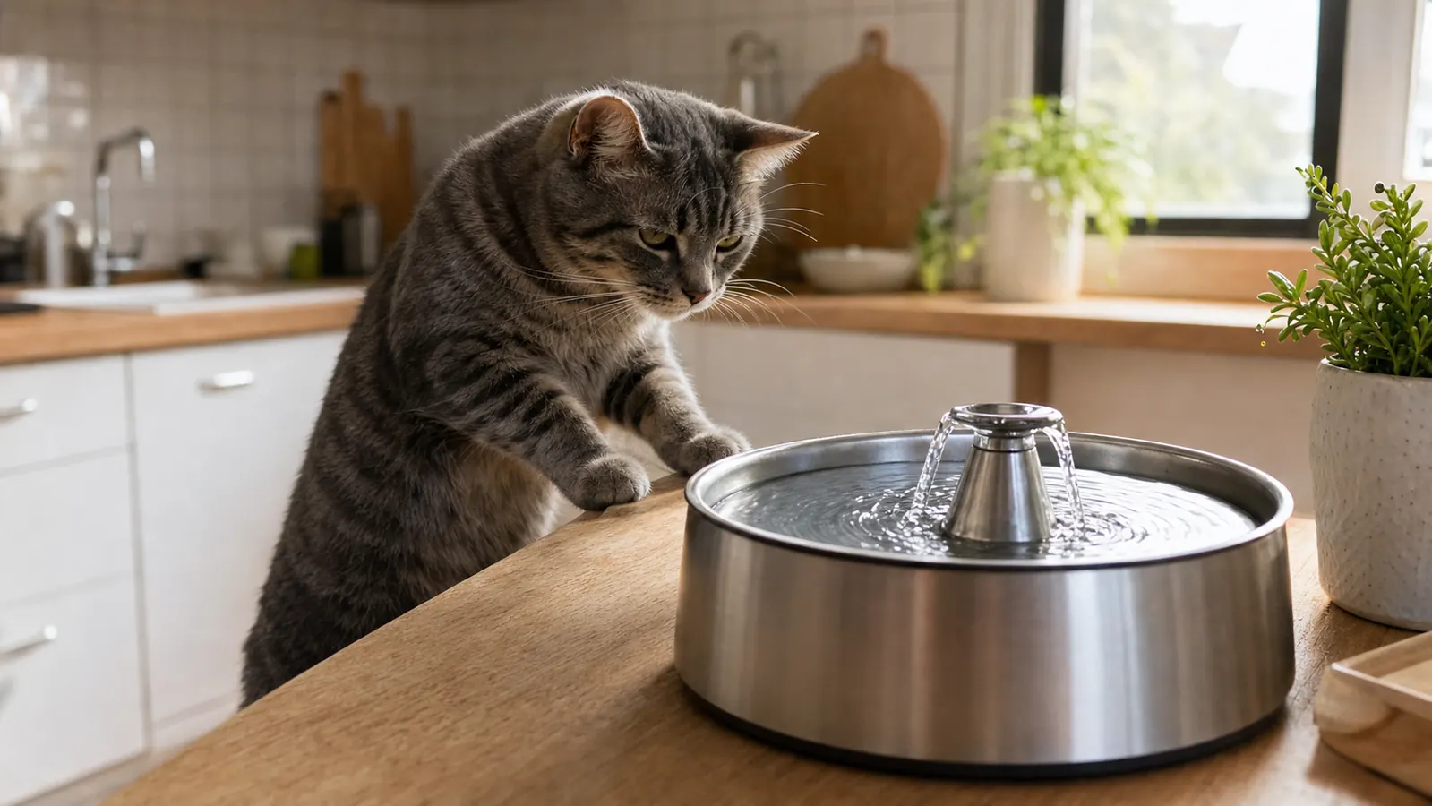 Veken stainless steel pet water fountain on a kitchen counter with a curious cat looking at it