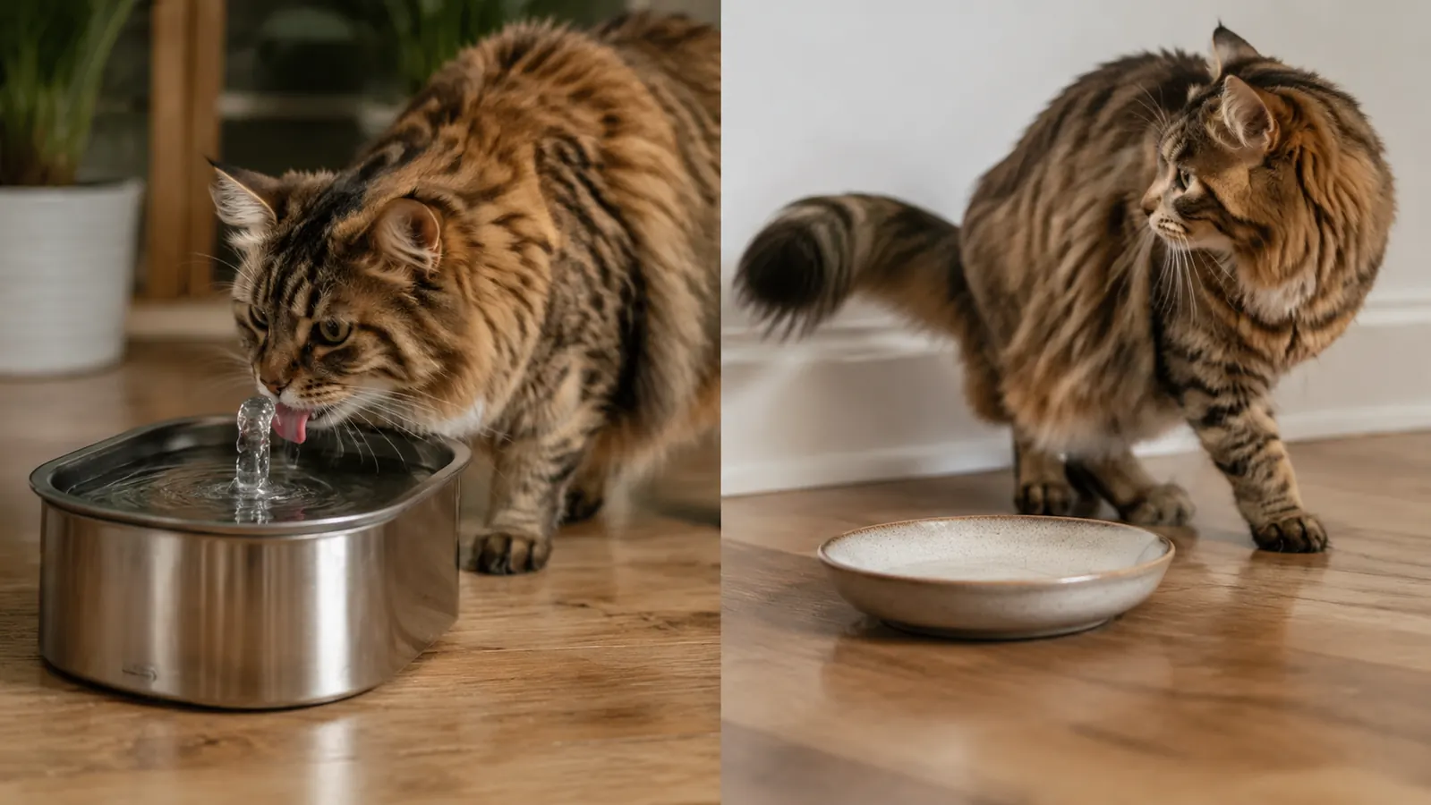 Cat drinking from a flowing pet fountain versus ignoring a still water bowl