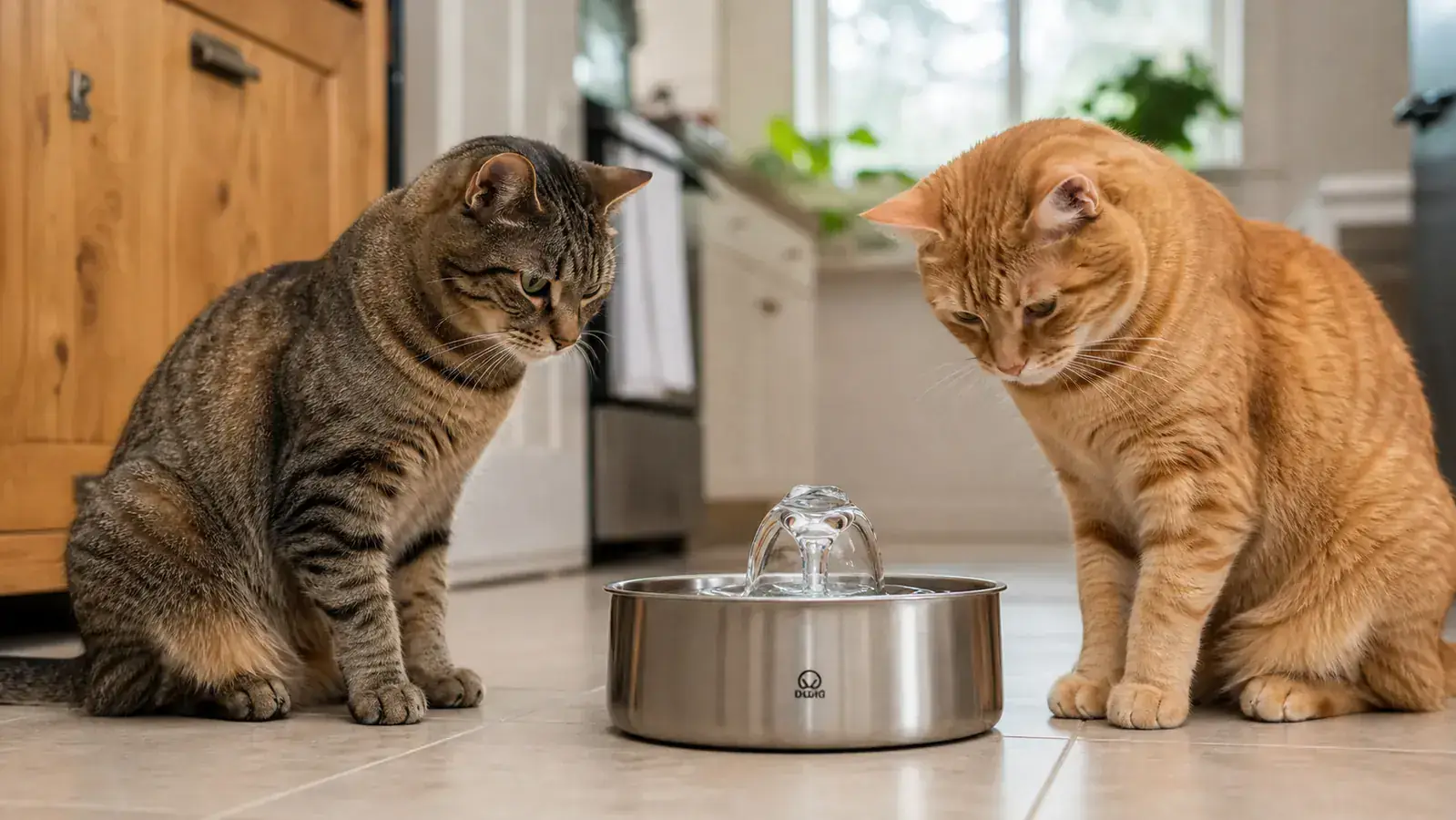 Stainless steel pet water fountain on a kitchen floor with soft morning light, two cats nearby